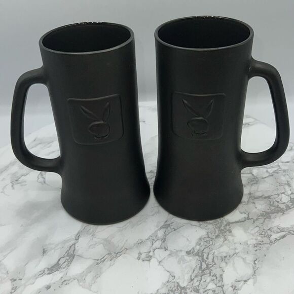 PLAYBOY Vintage Black Matte Glass Beer Mug-Set of 2 - Picture 1 of 8